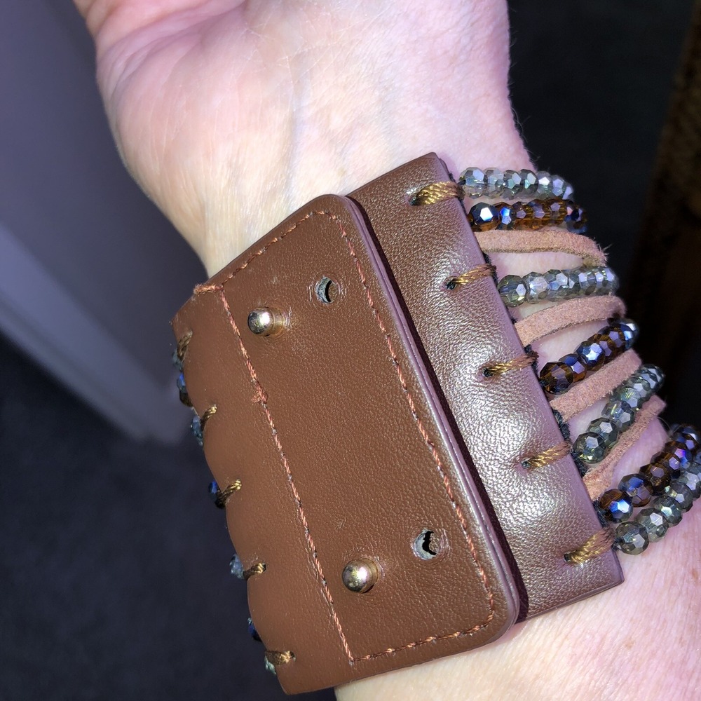 Leather & Crystal Cuff Wide Bracelet Brown Leather Green AB Crystal Multi Strand - Picture 7 of 12